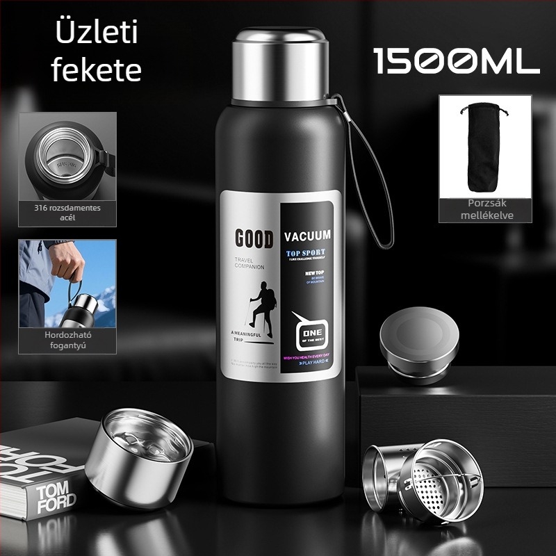 Férfi kültéri termosz, 1500 ml-es kapacitással, belső 316-os rozsdamentes acél, teázó rekesz, vákuum szigetelés, autóhoz, személyre szabható ajándék