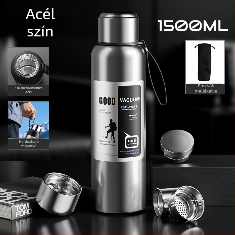 Férfi kültéri termosz, 1500 ml-es kapacitással, belső 316-os rozsdamentes acél, teázó rekesz, vákuum szigetelés, autóhoz, személyre szabható ajándék
