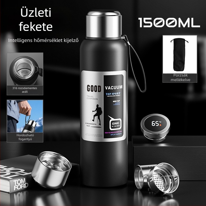 Férfi kültéri termosz, 1500 ml-es kapacitással, belső 316-os rozsdamentes acél, teázó rekesz, vákuum szigetelés, autóhoz, személyre szabható ajándék