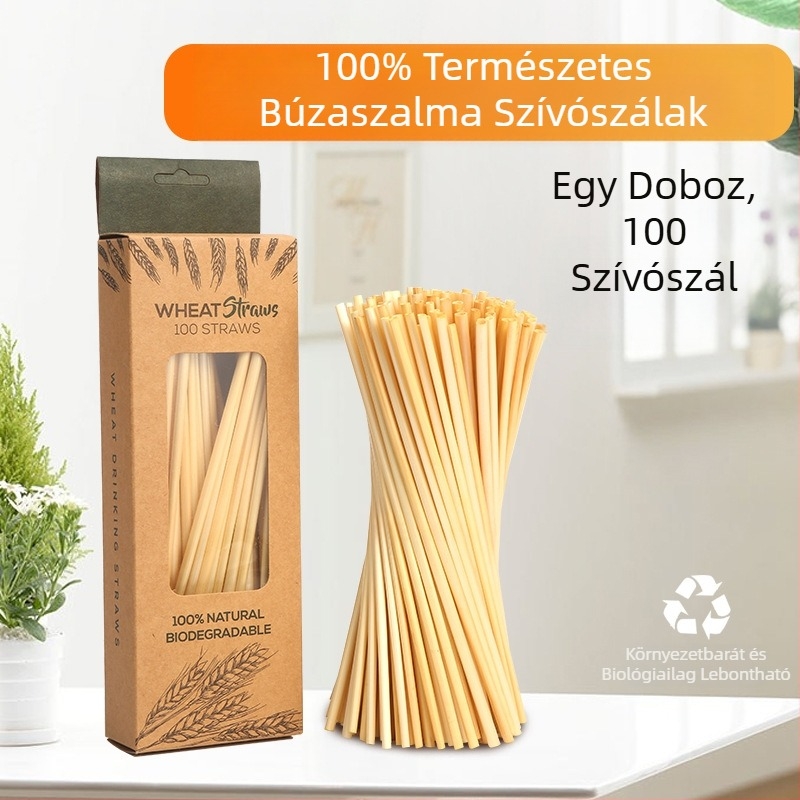 Dobozos konyhai kellékek készlet, biológiailag lebomló búzaszalmából készült szívószálakkal