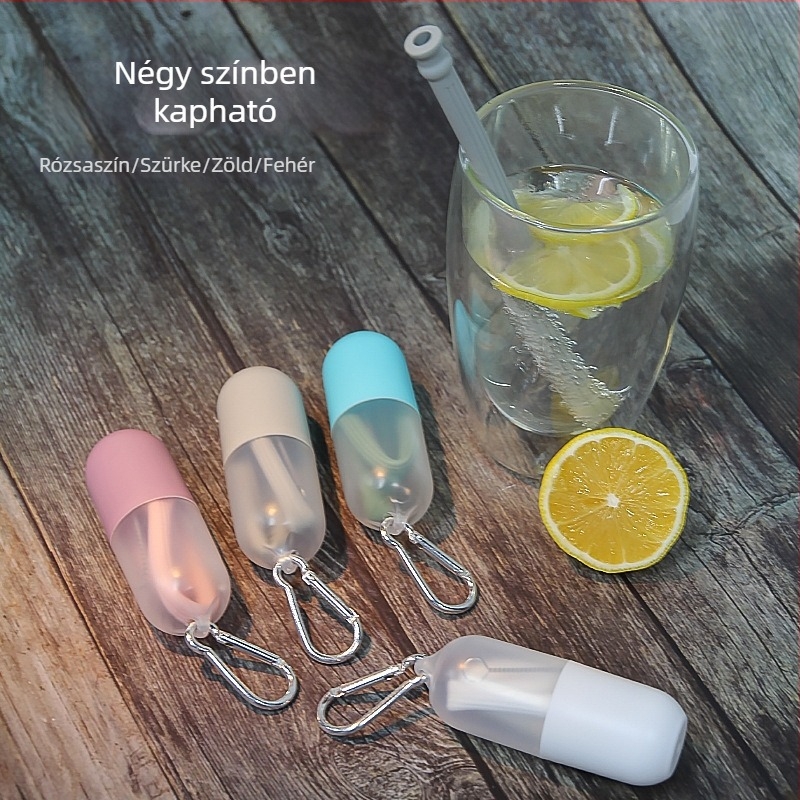 Élelmiszer-minőségű szilikon összecsukható szívószálak kapszulás tokkal buborékteahoz, kompatibil széles átmérőjű szívószálakkal