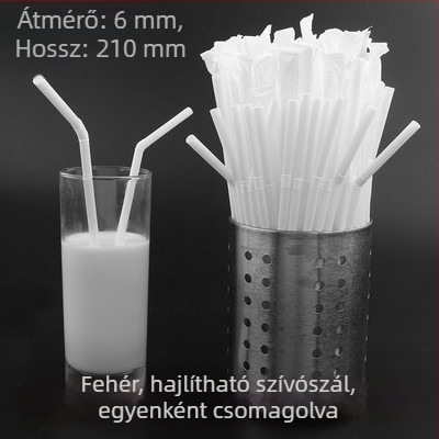 Egyszer használatos műanyag szívószál hajlított véggel, fehér, egyedi papírzacskóban csomagolva, 6 mm átmérő, kismamáknak.