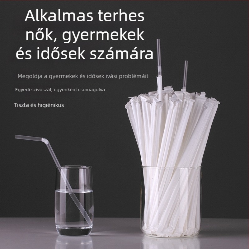 Egyszer használatos műanyag szívószál hajlított véggel, fehér, egyedi papírzacskóban csomagolva, 6 mm átmérő, kismamáknak.