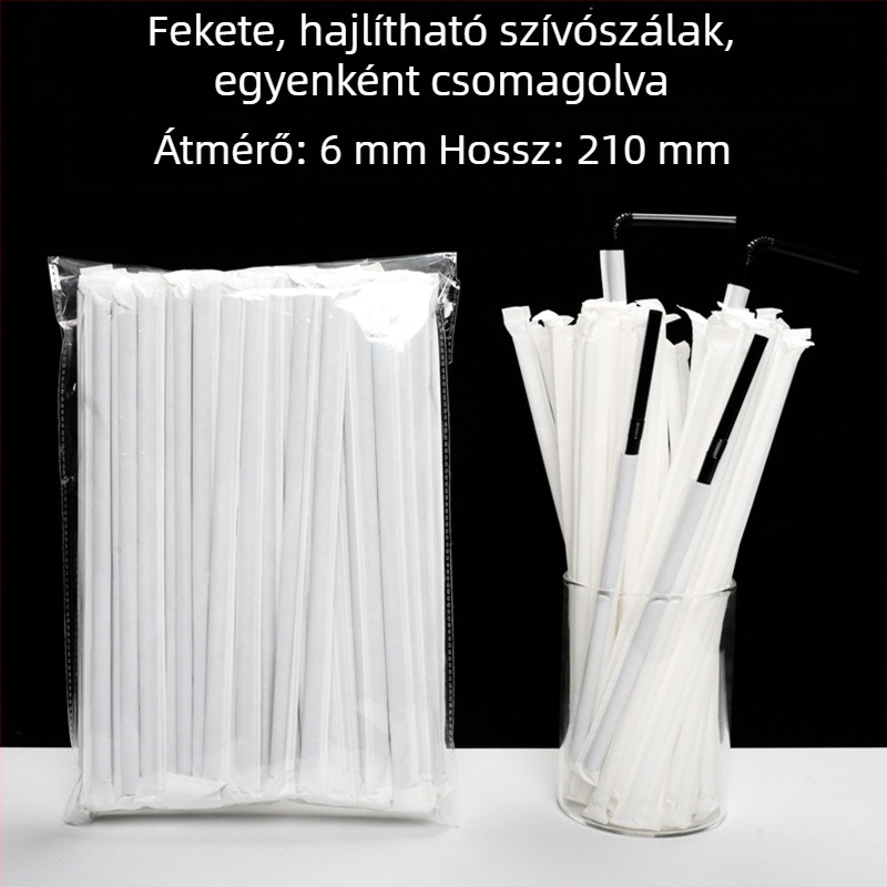 Egyszer használatos műanyag szívószál hajlított véggel, fehér, egyedi papírzacskóban csomagolva, 6 mm átmérő, kismamáknak.