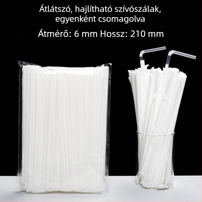 Egyszer használatos műanyag szívószál hajlított véggel, fehér, egyedi papírzacskóban csomagolva, 6 mm átmérő, kismamáknak.