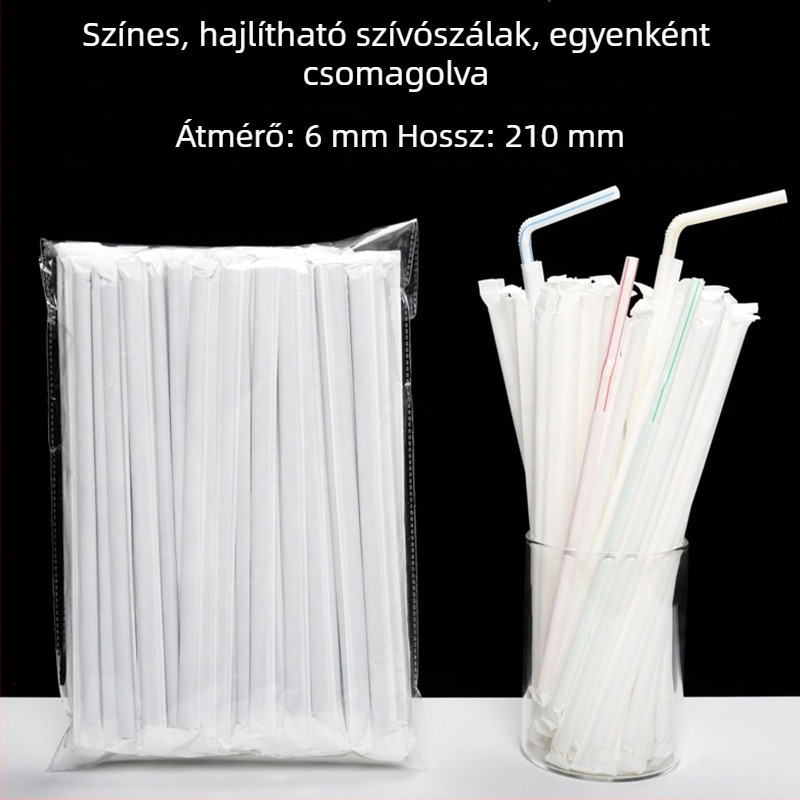 Egyszer használatos műanyag szívószál hajlított véggel, fehér, egyedi papírzacskóban csomagolva, 6 mm átmérő, kismamáknak.