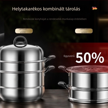 Háromszintes rozsdamentes acél gőzölő edény, vastagított kivitel, otthoni használatra, nagy kapacitás, kompatibil indukciós és gáztűzhellyel.