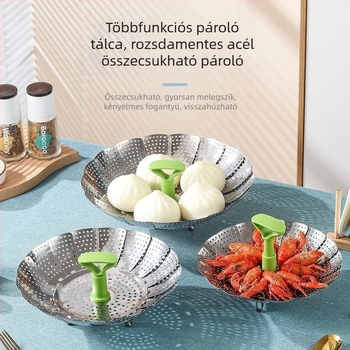 304 rozsdamentes acél, lotus formájú összecsukható gőzölő teleszkópos tálcával – összecsukható gőzölő állvány zsemle és gőzölt kenyér számára