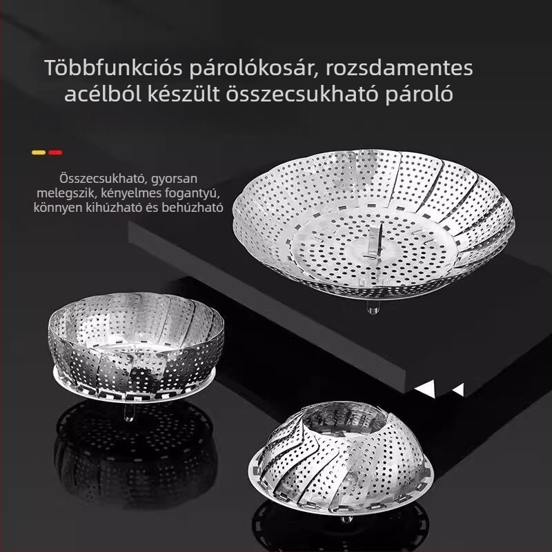 Rozsdamentes acél gőzölő kosár teleszkópos összecsukható tartóval, élelmiszer-minőségű gőzölő rács három méretben: nagy, közepes, kicsi