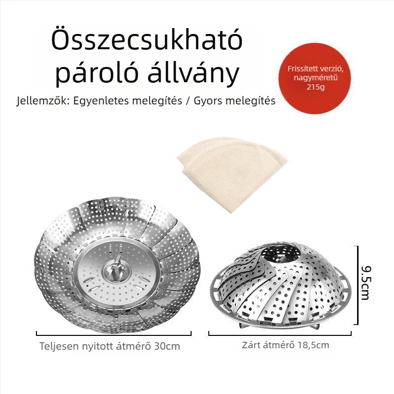 Rozsdamentes acél gőzölő kosár teleszkópos összecsukható tartóval, élelmiszer-minőségű gőzölő rács három méretben: nagy, közepes, kicsi
