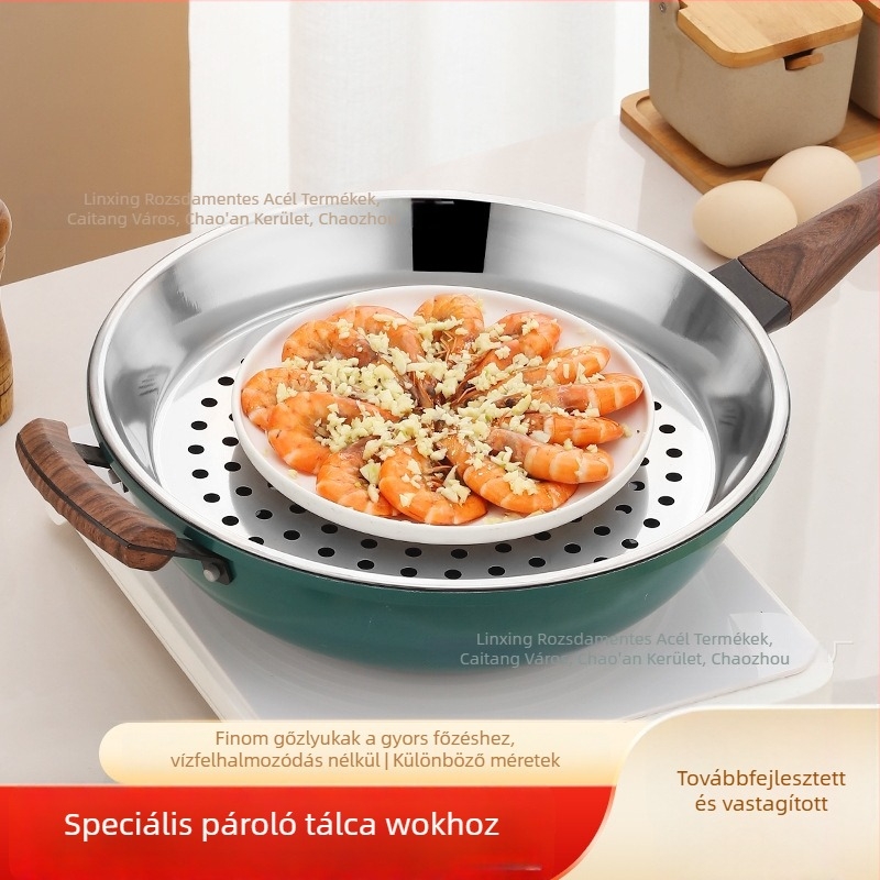 Wokhoz készült rozsdamentes acél gőzölő tálca, többfunkciós rács finom lyukakkal, vízelvezető kör alakú tál
