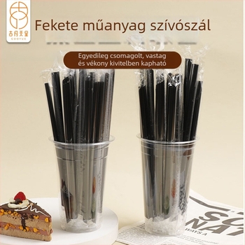 Egyszer használatos fekete szívószál, élelmiszer-minőségű; tej-, kávé- és gyümölcslé fogyasztására; egyedi csomagolásban; alkalmas forró és hideg italokhoz.