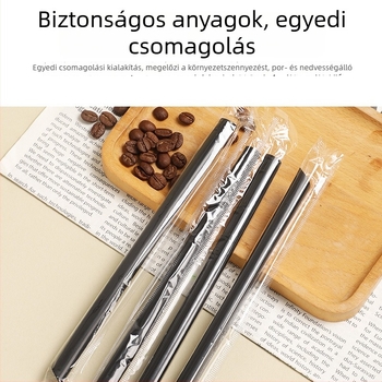Egyszer használatos fekete szívószál, élelmiszer-minőségű; tej-, kávé- és gyümölcslé fogyasztására; egyedi csomagolásban; alkalmas forró és hideg italokhoz.