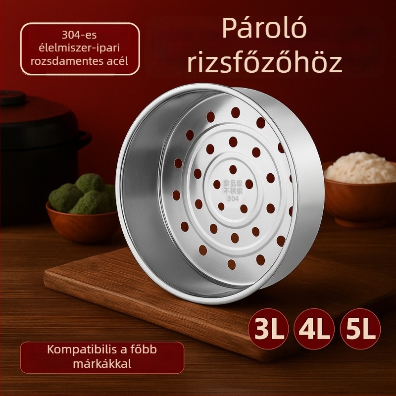 304 rozsdamentes acélból készült gőzölő rizsfőző, gőztálca és vastag vízválasztó réteg, kapacitás 3L/4L/5L, gömbölyű belső edény