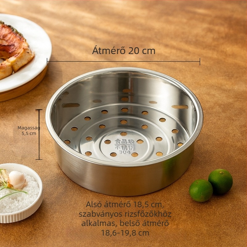 304 rozsdamentes acélból készült gőzölő rizsfőző, gőztálca és vastag vízválasztó réteg, kapacitás 3L/4L/5L, gömbölyű belső edény