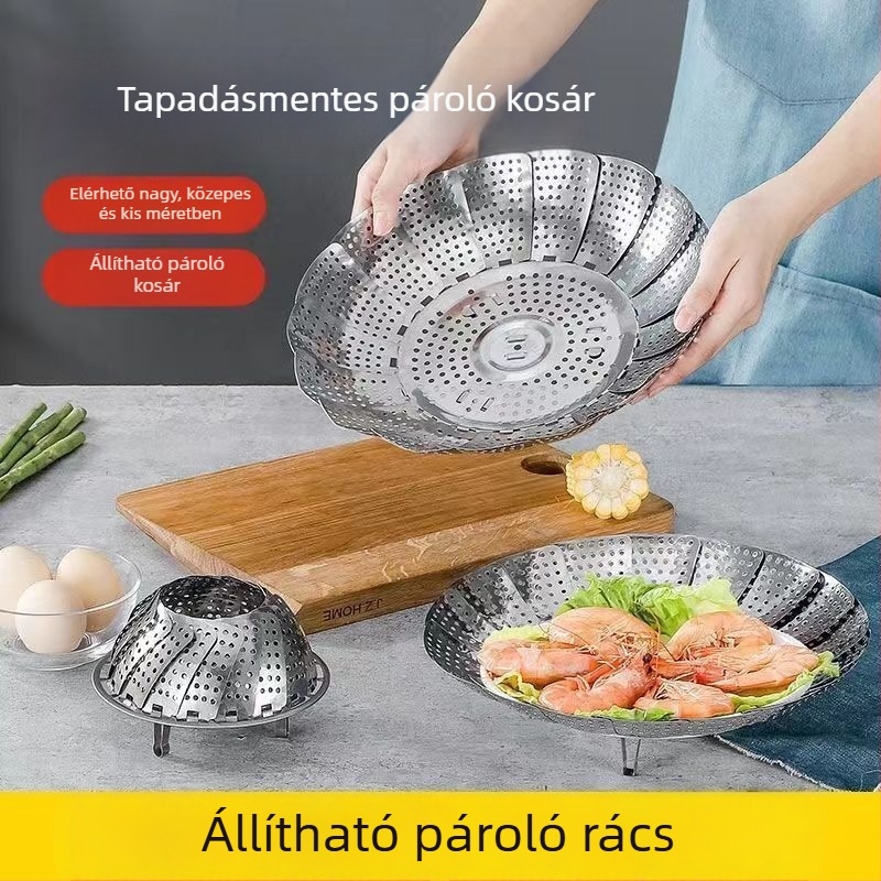 Rozsdamentes acélból készült, lótusz alakú teleszkópos párolóállvány, összecsukható pároló tál