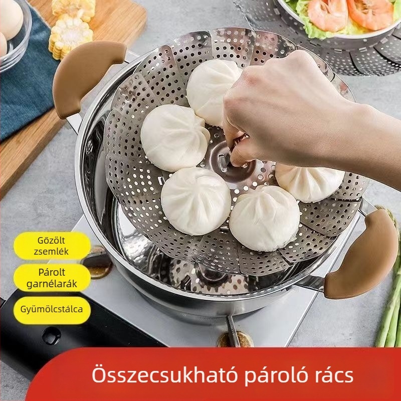 Rozsdamentes acélból készült, lótusz alakú teleszkópos párolóállvány, összecsukható pároló tál