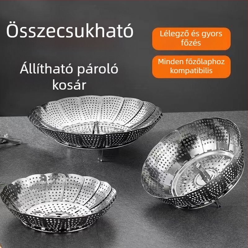 Rozsdamentes acélból készült, lótusz alakú teleszkópos párolóállvány, összecsukható pároló tál