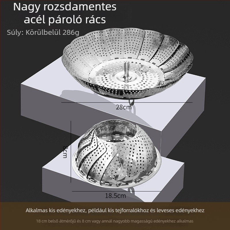 Rozsdamentes acélból készült, lótusz alakú teleszkópos párolóállvány, összecsukható pároló tál