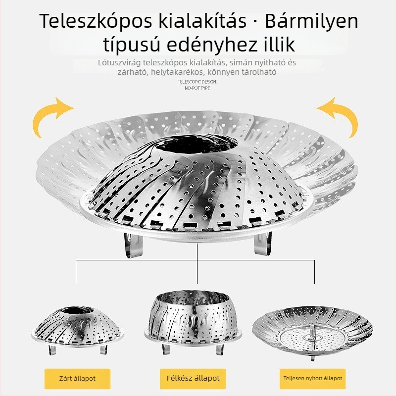 Összehajtható rozsdamentes acél pároló rács, teleszkópos, tojásokhoz és gombócokhoz, multifunkcionális pároló tálca