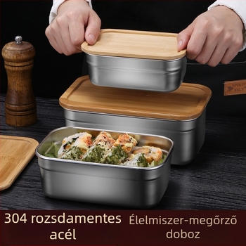 304 rozsdamentes acél ebédes doboz bambusz fedővel, négyszögletes, hordozható, többfunkciós, étel frissességének megőrzése, 1–2 liter kapacitás
