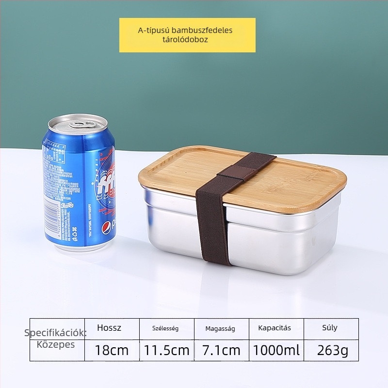 304 rozsdamentes acél ebédes doboz bambusz fedővel, négyszögletes, hordozható, többfunkciós, étel frissességének megőrzése, 1–2 liter kapacitás