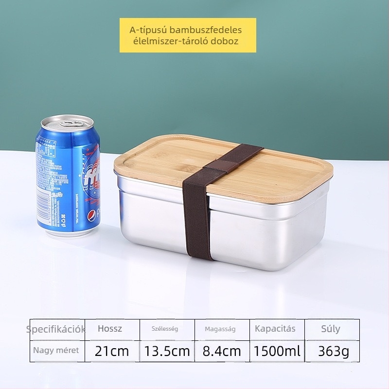 304 rozsdamentes acél ebédes doboz bambusz fedővel, négyszögletes, hordozható, többfunkciós, étel frissességének megőrzése, 1–2 liter kapacitás