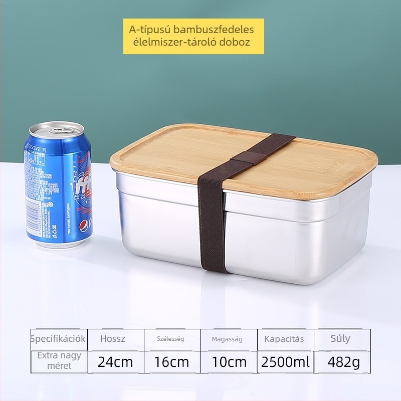 304 rozsdamentes acél ebédes doboz bambusz fedővel, négyszögletes, hordozható, többfunkciós, étel frissességének megőrzése, 1–2 liter kapacitás