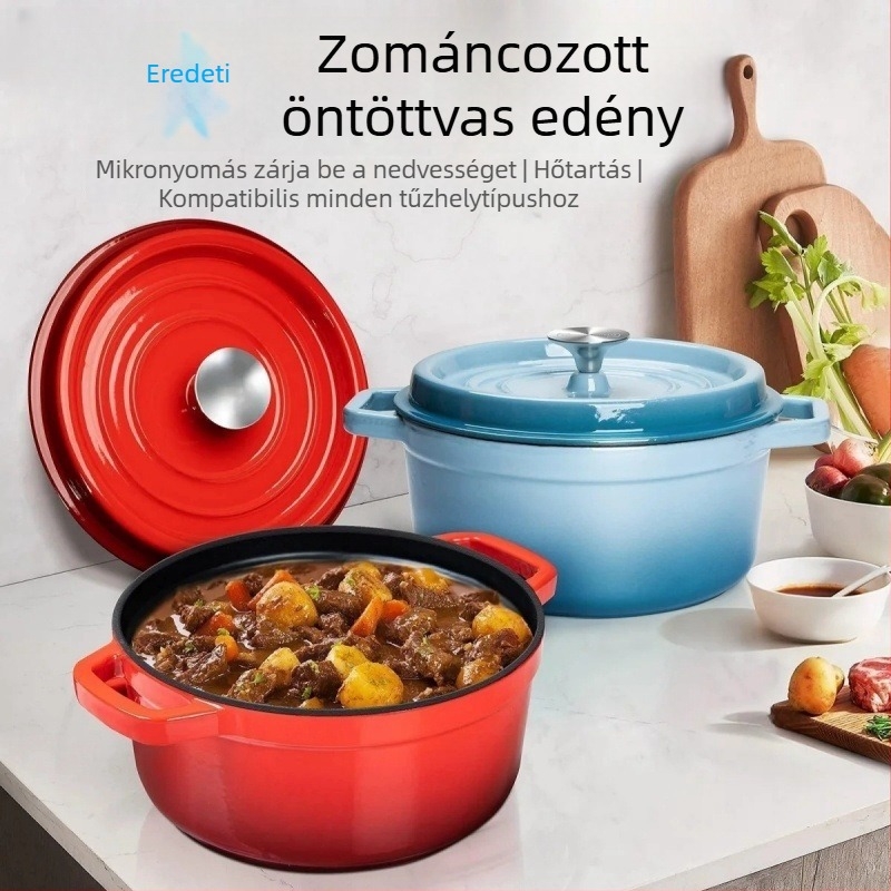 Zománcolt vasból készült edény, bevonat nélküli felülettel, pörkölt és leves számára, sokoldalú fazék