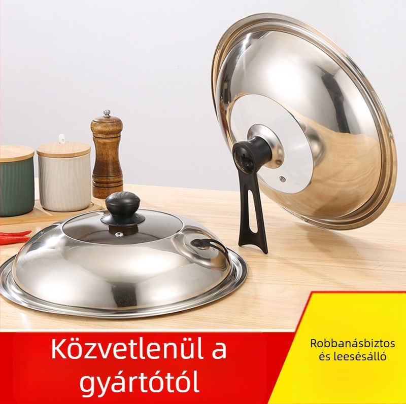 Rozsdamentes acélból készült fedő, vastított wokhoz és serpenyőhöz, égés elleni kivitel, magas ívű dizájn, átlátszó fedél, univerzális fedő gőzöléshez és vas serpenyőkhöz
