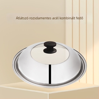 Rozsdamentes acél wok párolófedő edzett üveggel, magasított kivitel, lapos szájú típus, különböző méretű edényekhez.
