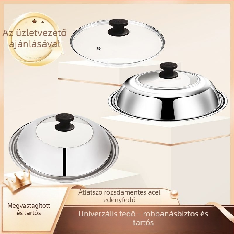 Rozsdamentes acél wok párolófedő edzett üveggel, magasított kivitel, lapos szájú típus, különböző méretű edényekhez.