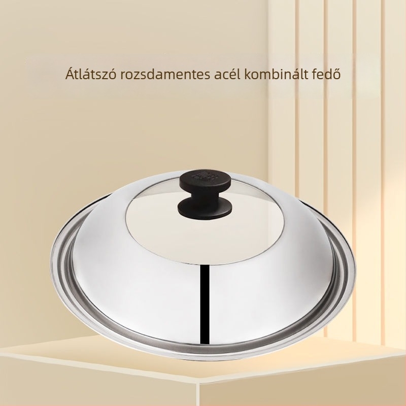 Rozsdamentes acél wok párolófedő edzett üveggel, magasított kivitel, lapos szájú típus, különböző méretű edényekhez.