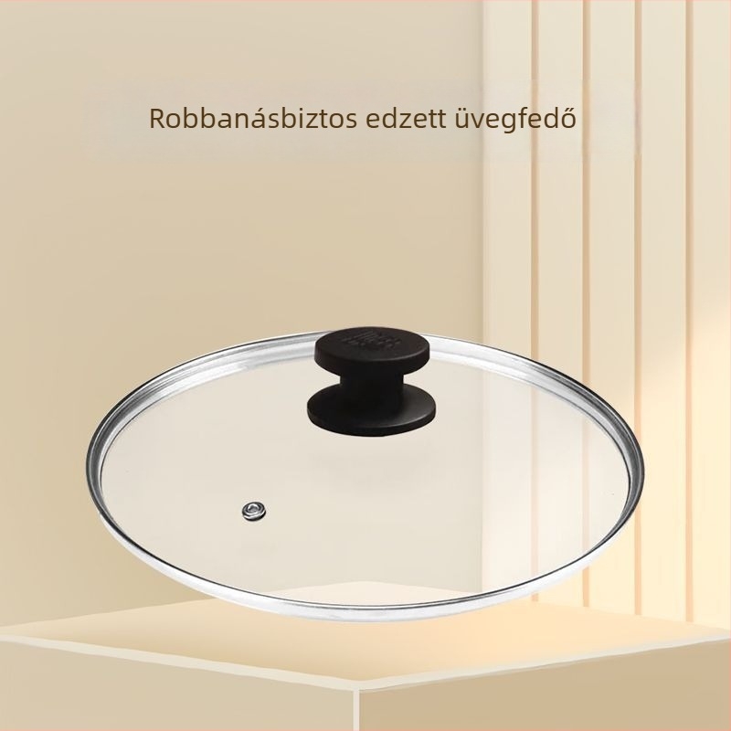 Rozsdamentes acél wok párolófedő edzett üveggel, magasított kivitel, lapos szájú típus, különböző méretű edényekhez.