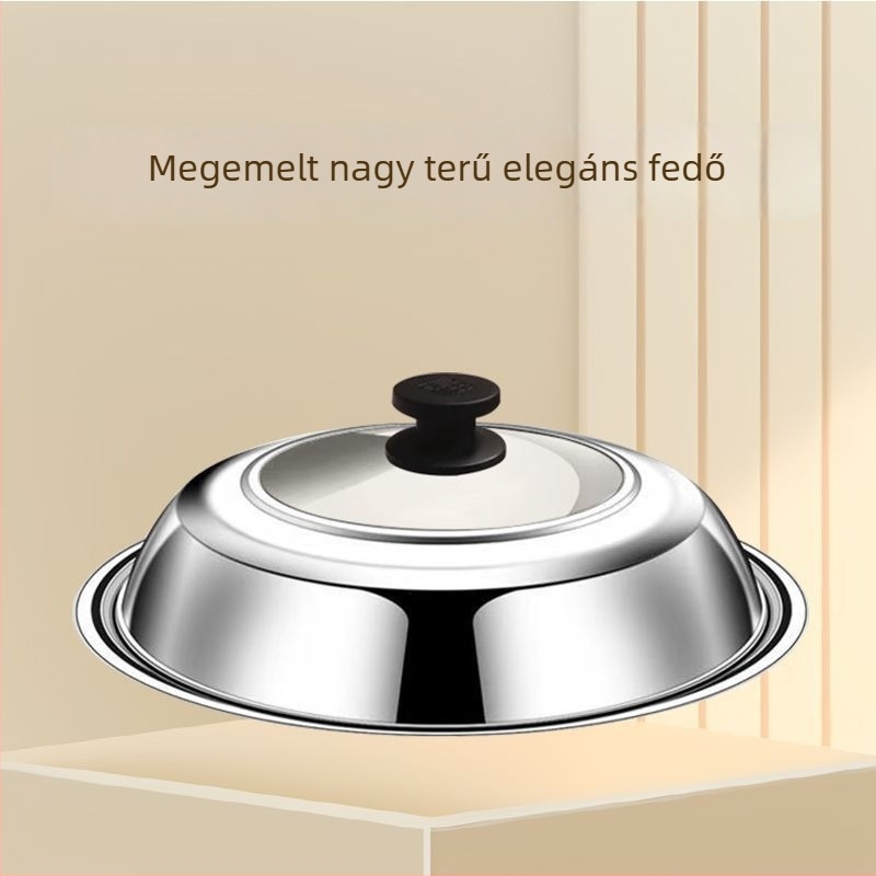 Rozsdamentes acél wok párolófedő edzett üveggel, magasított kivitel, lapos szájú típus, különböző méretű edényekhez.