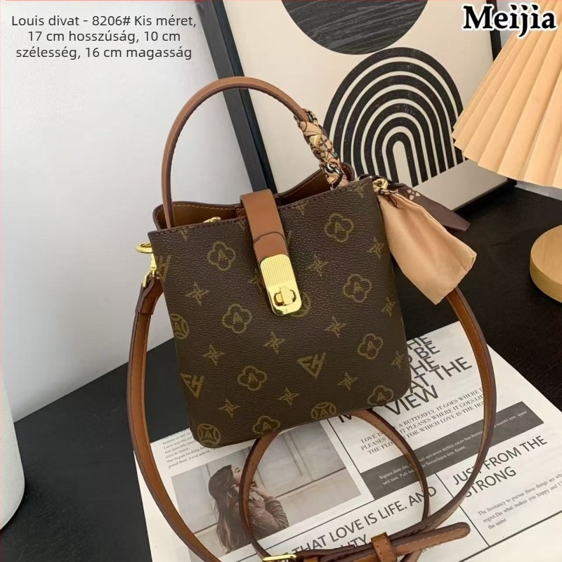 PVC bucket táska, kicsi méretű, crossbody, monogram betűkkel és color-block sállal, városi minimalistát stílus, 2026 tavasz