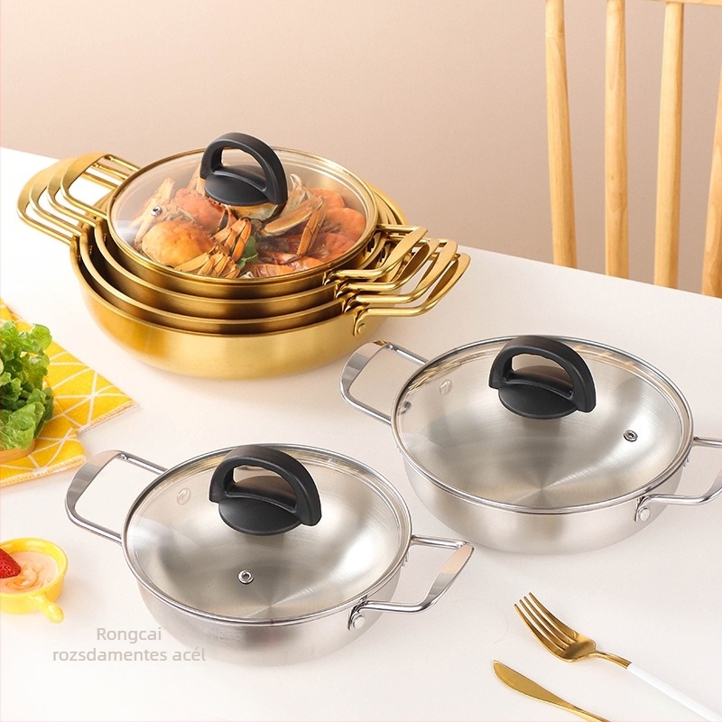 Koreai stílusú rozsdamentes acél tál tenger gyümölcseihez, arany felülettel, két fogóval, üvegfedővel, mini ramen- és leveses üst