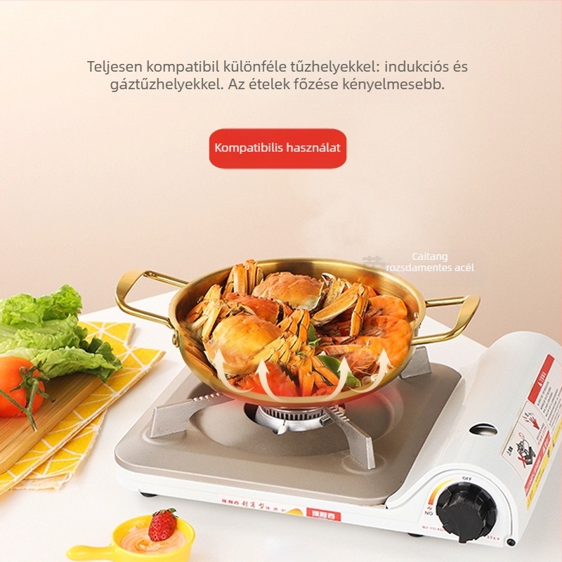 Koreai stílusú rozsdamentes acél tál tenger gyümölcseihez, arany felülettel, két fogóval, üvegfedővel, mini ramen- és leveses üst