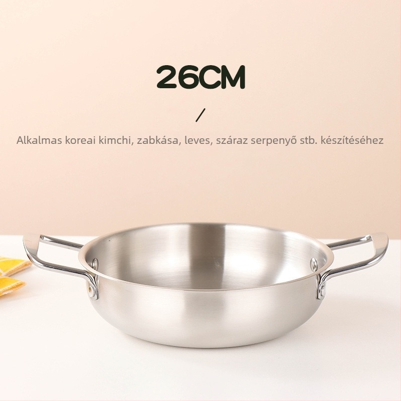 Koreai stílusú rozsdamentes acél tál tenger gyümölcseihez, arany felülettel, két fogóval, üvegfedővel, mini ramen- és leveses üst