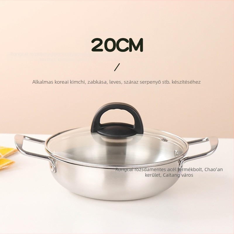 Koreai stílusú rozsdamentes acél tál tenger gyümölcseihez, arany felülettel, két fogóval, üvegfedővel, mini ramen- és leveses üst