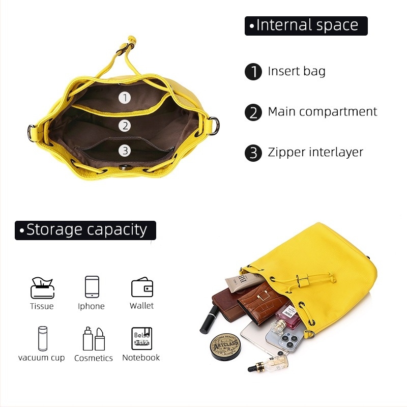 Női drawstring vödörtáska, 2024 őszi-téli modell, divatos retro minimalist, váll- vagy keresztpántos, valódi bőr