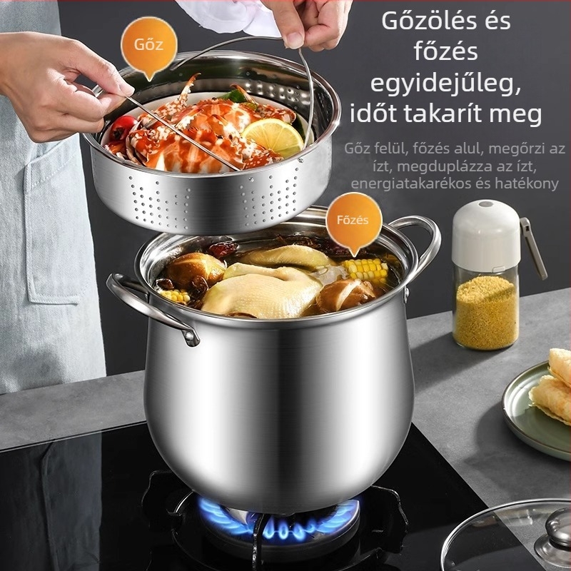 Élelmiszer-minőségű, extra vastag rozsdamentes acél levesest fazék, mélyített alj, nagy kapacitású, kettős használatú főzéshez és pároláshoz