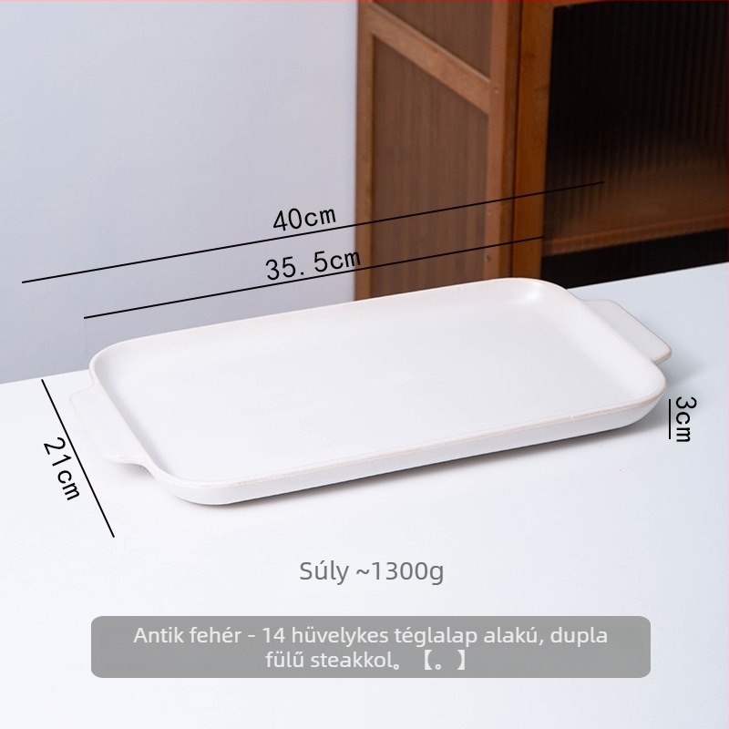 Kerámiából készült steak grill serpenyő két fogantyúval, téglalap alakú, nyílt lángra és sütőbe alkalmas, professzionális halas grillserpenyő