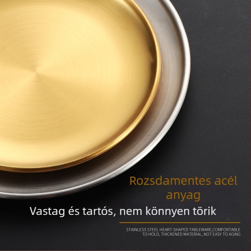 304 rozsdamentes acélból készült kör alakú tál Koreai BBQ-hoz, steak tál, gyümölcstál büféhez