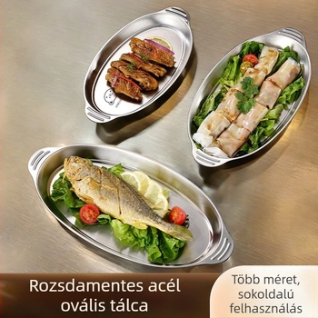 Ovális alakú 304-es rozsdamentes acél kétszárnyú füllel, mély és sokoldalú tál halak párolásához, BBQ-hoz és dim sum-hoz