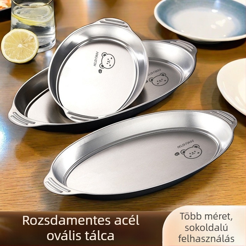 Ovális alakú 304-es rozsdamentes acél kétszárnyú füllel, mély és sokoldalú tál halak párolásához, BBQ-hoz és dim sum-hoz