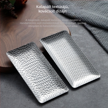 304 rozsdamentes acél tál, koreai stílus, kalapált logóval, többfunkciós téglalap alakú tál nasikhoz, desszertekhez, dim sumhoz és barbecue-hoz