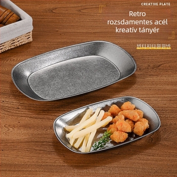 Retro mélyített rozsdamentes acél tányér snackekhez, sült krumplihoz és sült csirkéhez - szabadtéri piknikhez