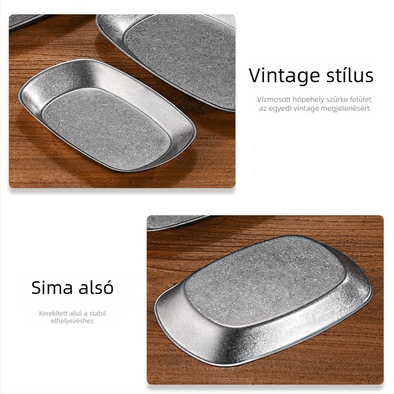 Retro mélyített rozsdamentes acél tányér snackekhez, sült krumplihoz és sült csirkéhez - szabadtéri piknikhez