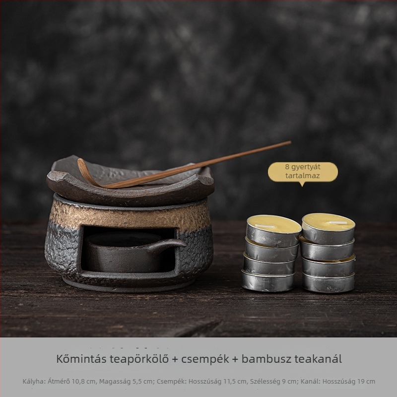 Kerámiából készült teaceremónia készlet aranyozott mázzal és gyertyával melegíthető alappal – teaceremónia kiegészítők
